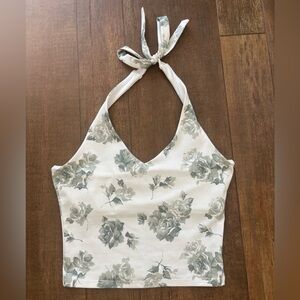 Hollister Green and White Floral Halter Top